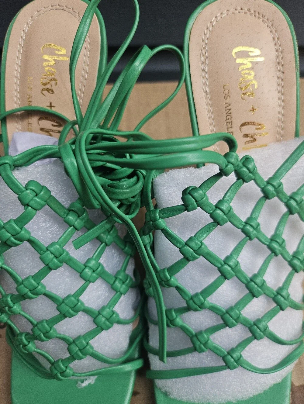 Elle Green Braided Strappy Slide Heels